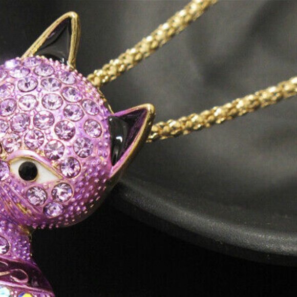 Betsey Johnson Adorable Purple Striped Rhinestone & Enamel CAT Pendant Necklace - Picture 6 of 8